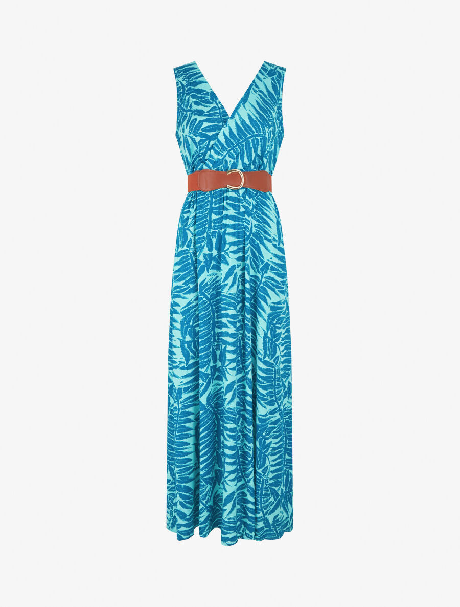 Robe longue évasée imprimé tropical - Turquoise - 1