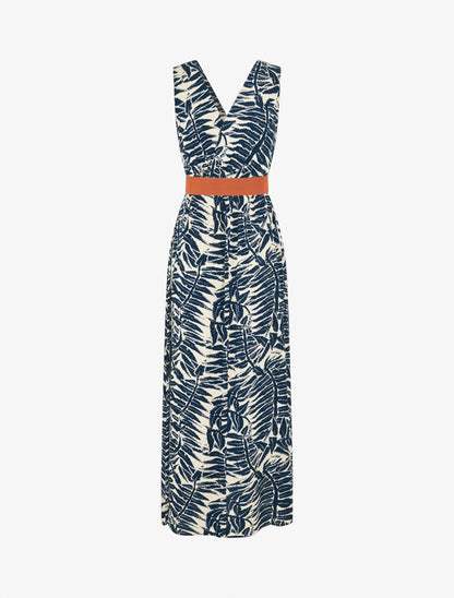 Robe longue évasée imprimé tropical - Marine - 2