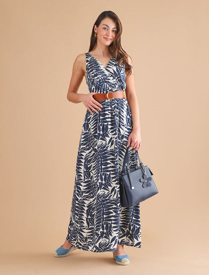 Robe longue évasée imprimé tropical - Marine - 4