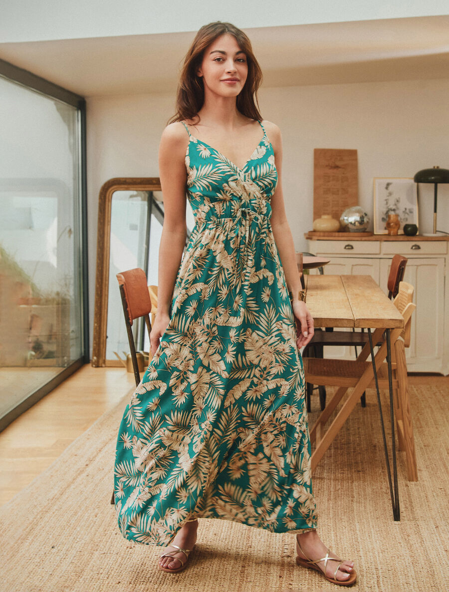 Robe longue imprimé feuillage - Bleu canard - 4