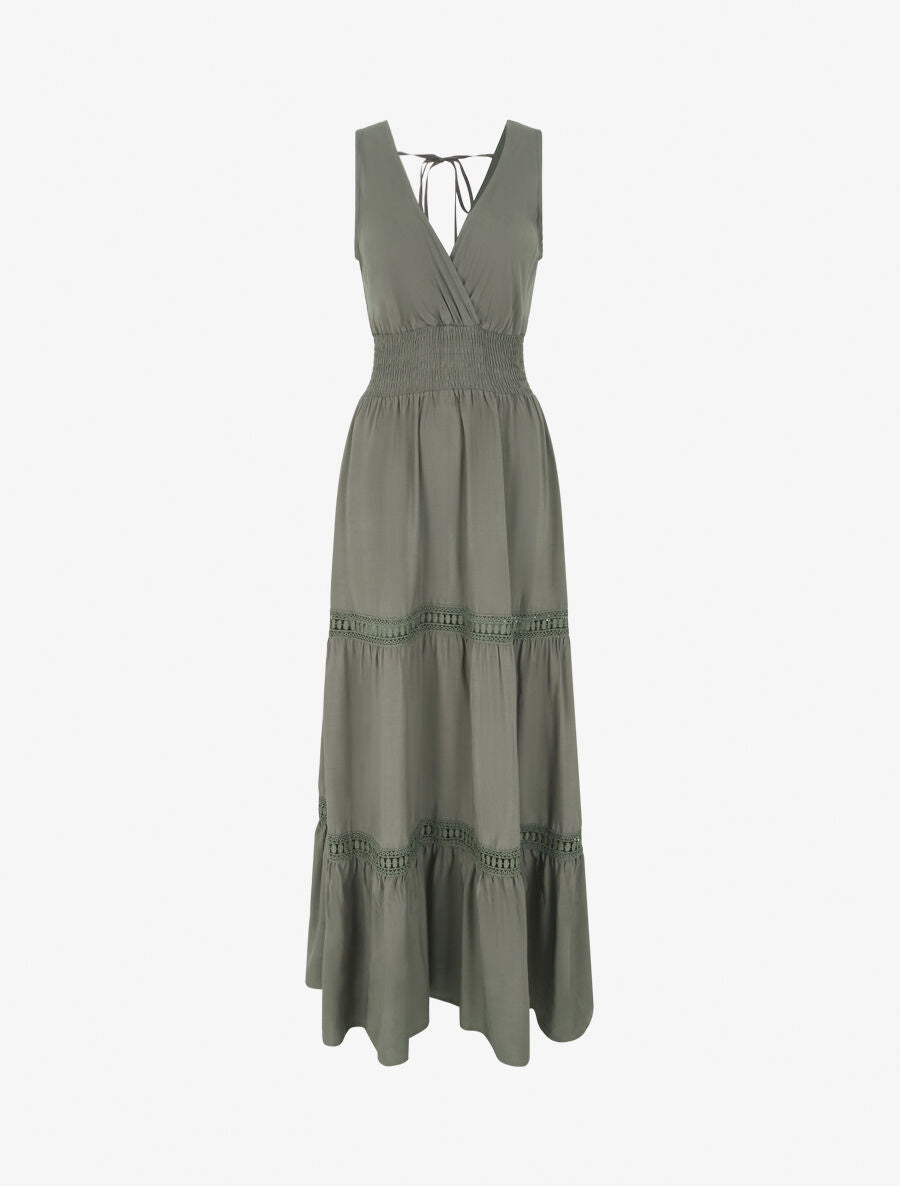 Robe longue élastiquée et liens à nouer - Kaki - 1