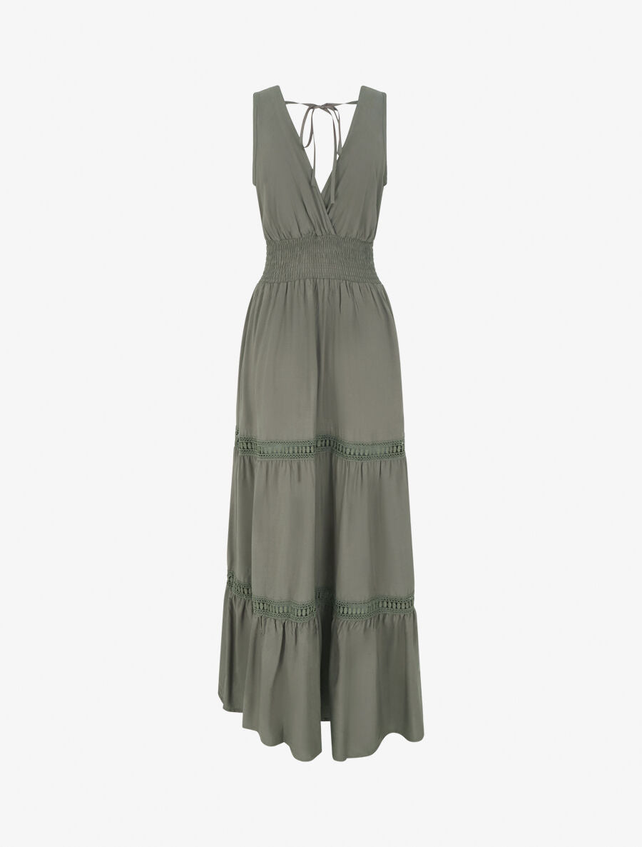 Robe longue élastiquée et liens à nouer - Kaki - 2