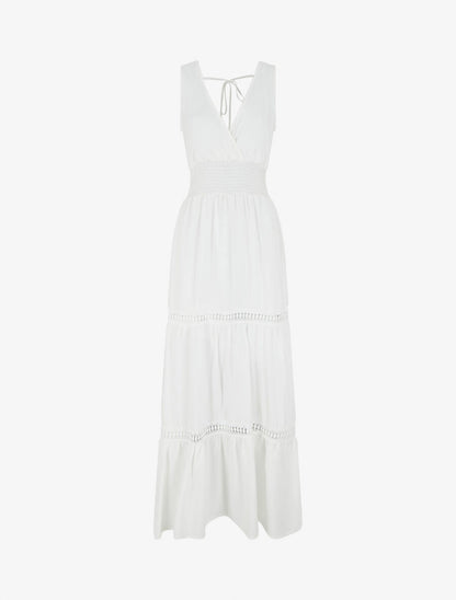 Robe longue élastiquée et liens à nouer - Blanc - 4