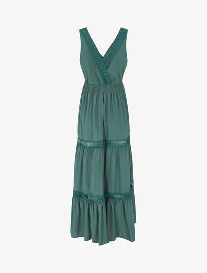 Robe longue unie ajourée - Vert sapin - 2
