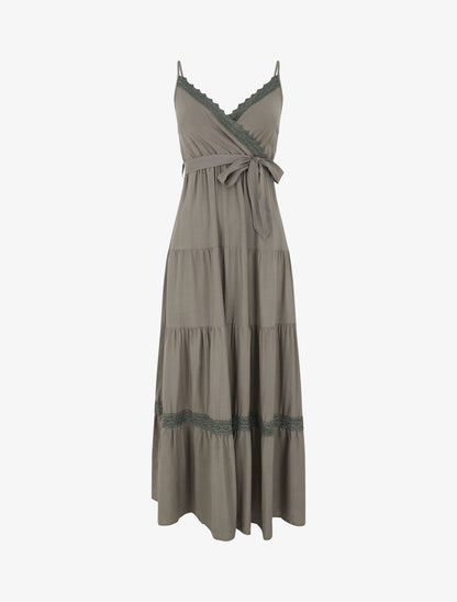 Robe longue unie élastiquée - Kaki - 1