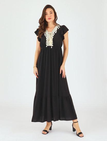 Robe longue évasée unie - Noir - 4