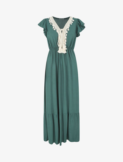 Robe longue évasée unie - Vert foncé - 4