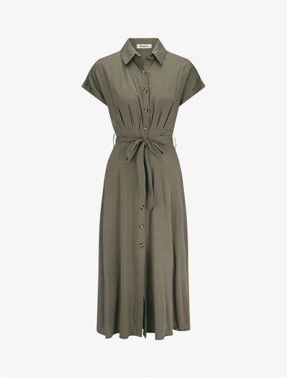 Robe chemise longue évasée et unie - Kaki - 5