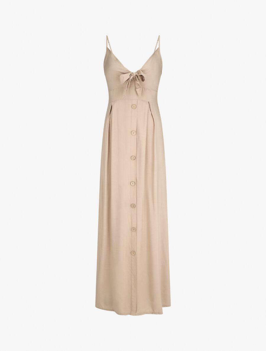 Robe longue unie à boutons décoratifs - Beige - 4