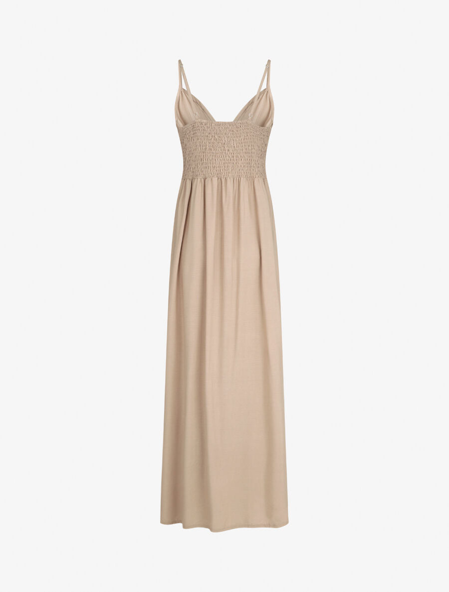 Robe longue unie à boutons décoratifs - Beige - 2