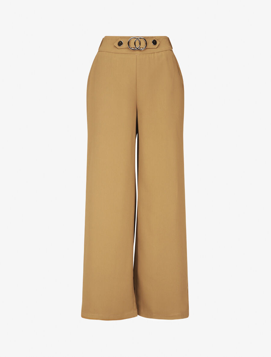 Pantalon ample taille haute à boucle - Camel - 4