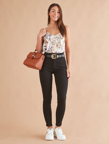 Pantalon coupe skinny à 2 boutons et ceinture - Noir - 4