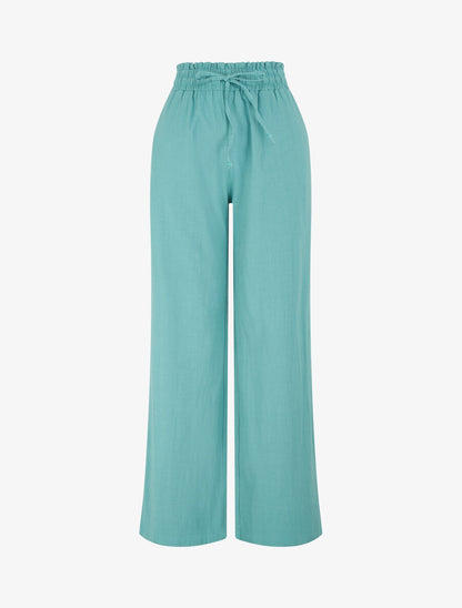 Pantalon uni élastiqué effet lin - Turquoise - 4