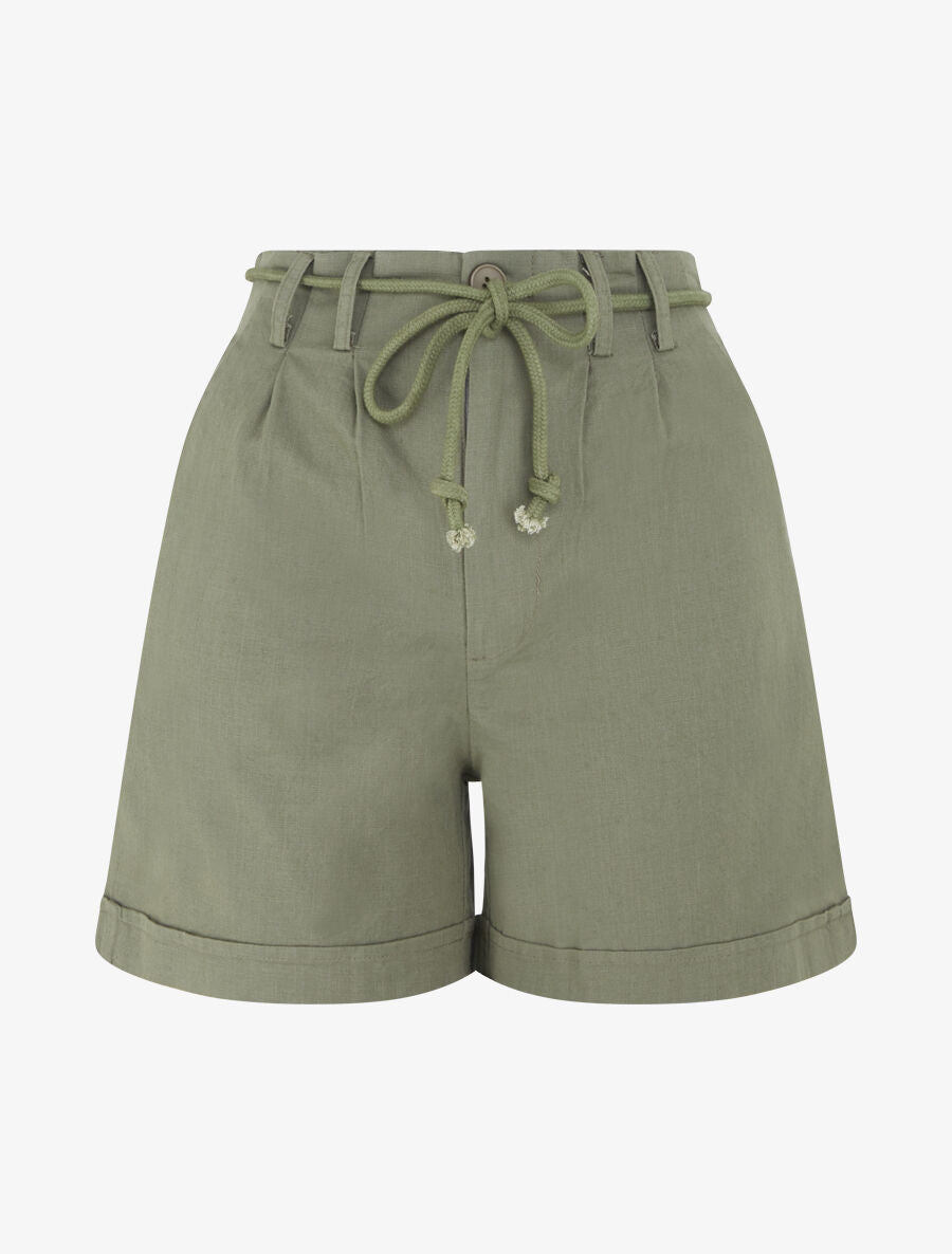 Short uni à revers effet lin - Kaki - 5