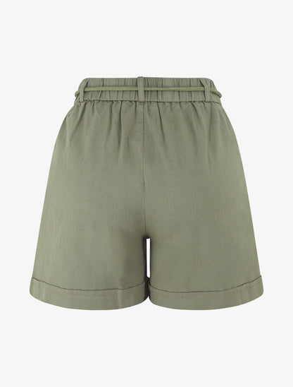 Short uni à revers effet lin - Kaki - 2