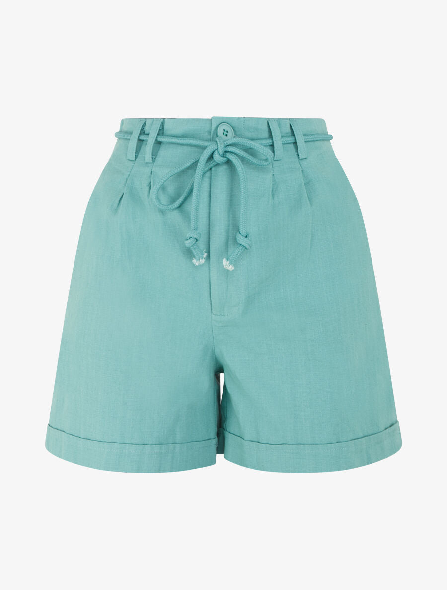 Short uni à revers effet lin - Turquoise - 4