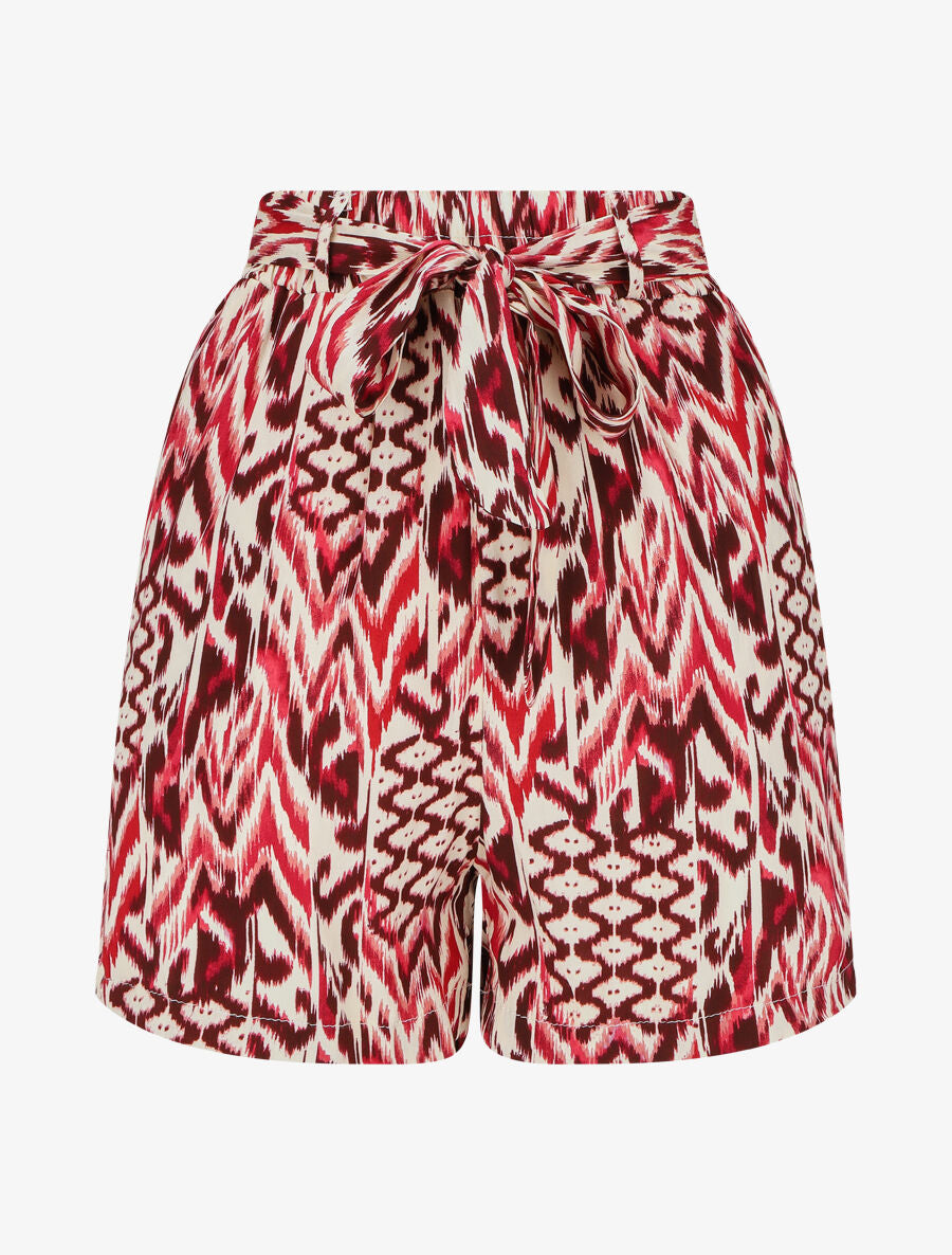 Short fluide imprimé abstrait et ceinturé - Rouge - 1