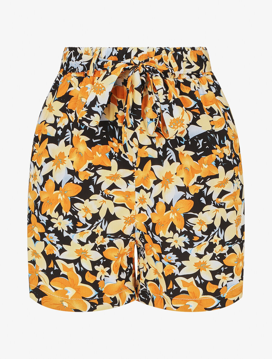 Short fluide imprimé fleuri et ceinturé - Noir - 2