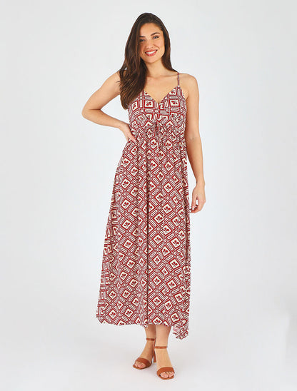 Robe longue à fines bretelles imprimé graphique - Rouge - 4