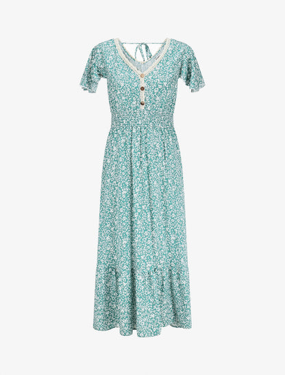 Robe longue manches courtes à petites fleurs - Vert d&