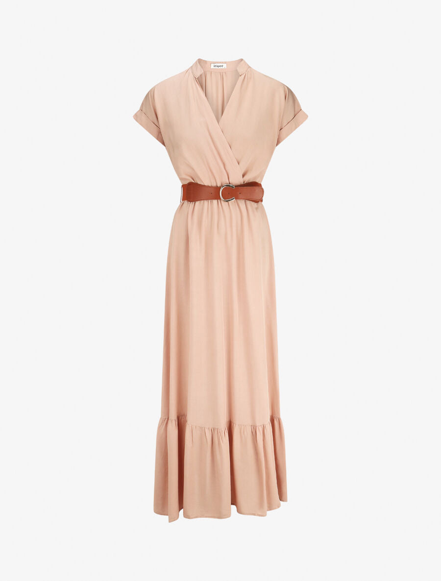 Robe longue unie manches courtes - Beige rosé - 1