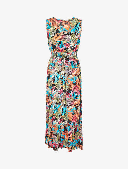 Robe longue évasée imprimé tropical sans manches - Noir/turquoise - 2