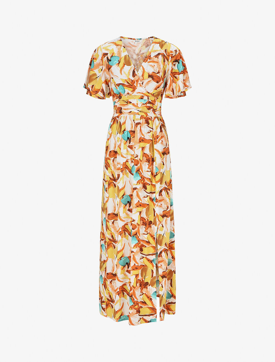 Robe longue fendue à taille élastiquée - Orange - 5