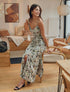 Robe longue évasée à fines bretelles imprimé tropical - Noir/kaki - 1