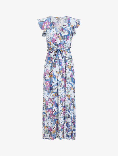 Robe longue à mancherons imprimé fleuri - Bleu - 1