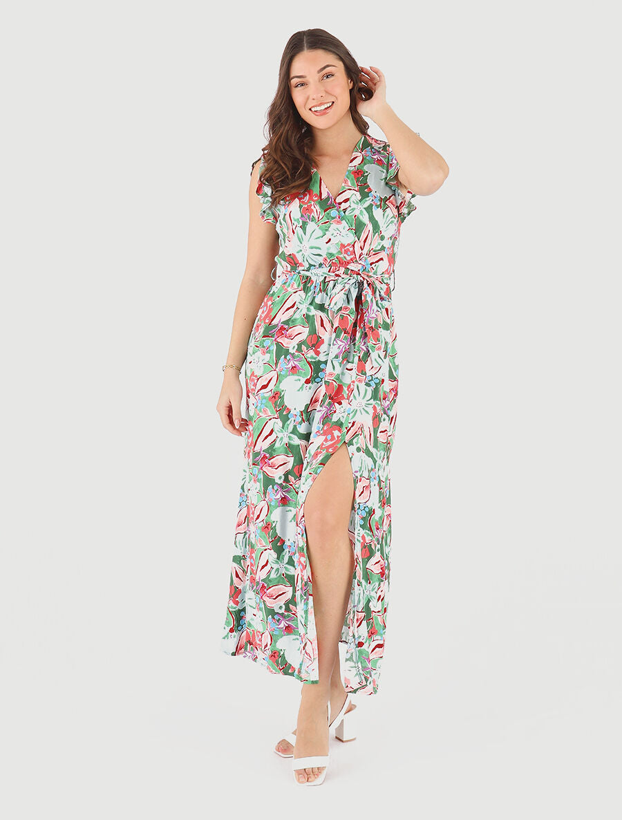 Robe longue à mancherons imprimé fleuri - Vert - 4