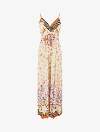 Robe longue empire à bretelles imprimé floral - Beige - 1