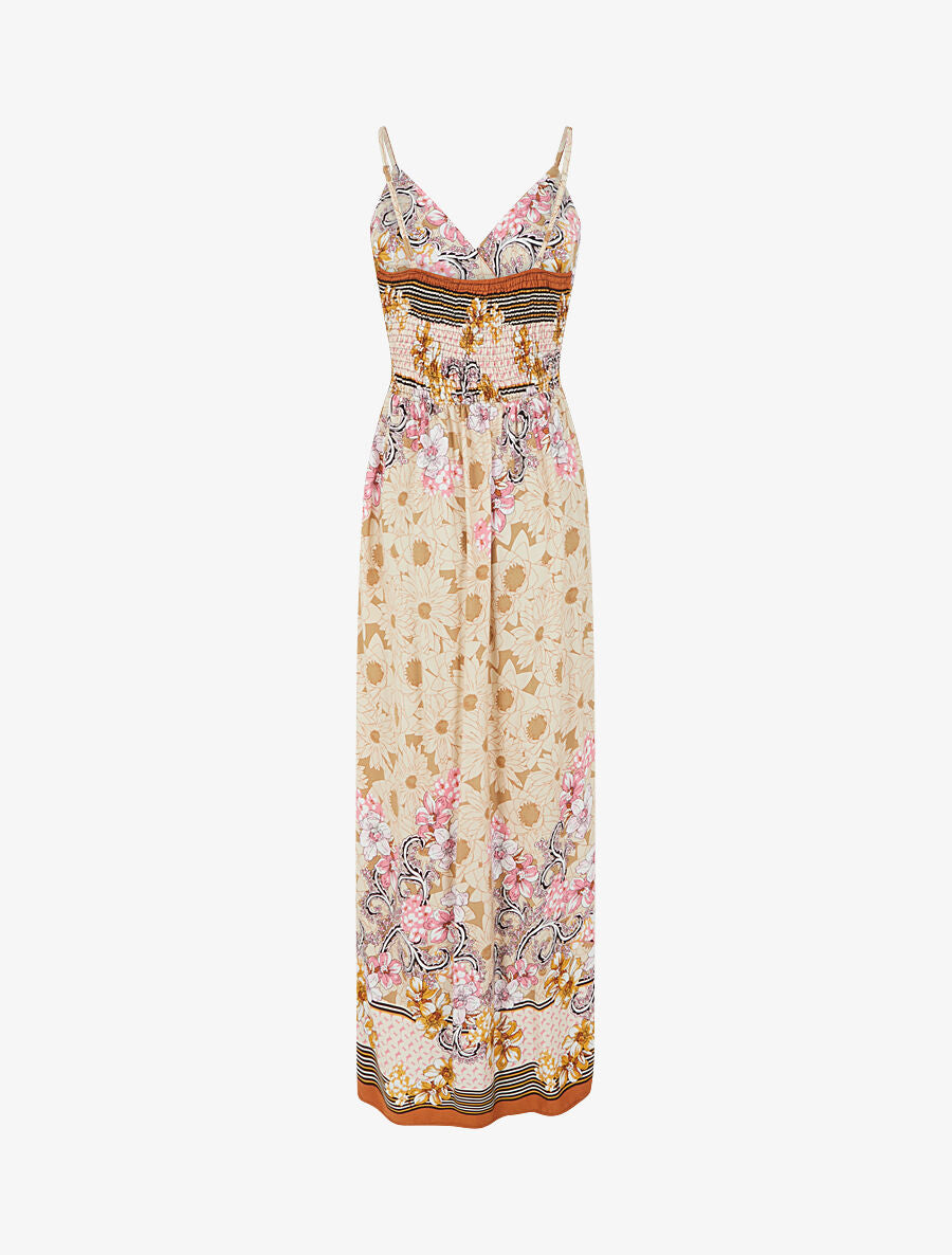 Robe longue empire à bretelles imprimé floral - Beige - 2