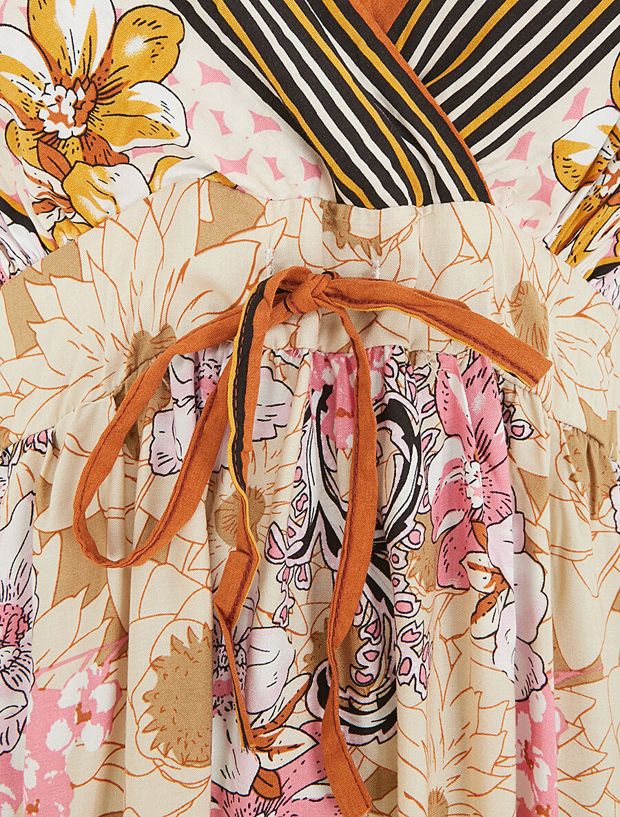 Robe longue empire à bretelles imprimé floral - Beige - 3