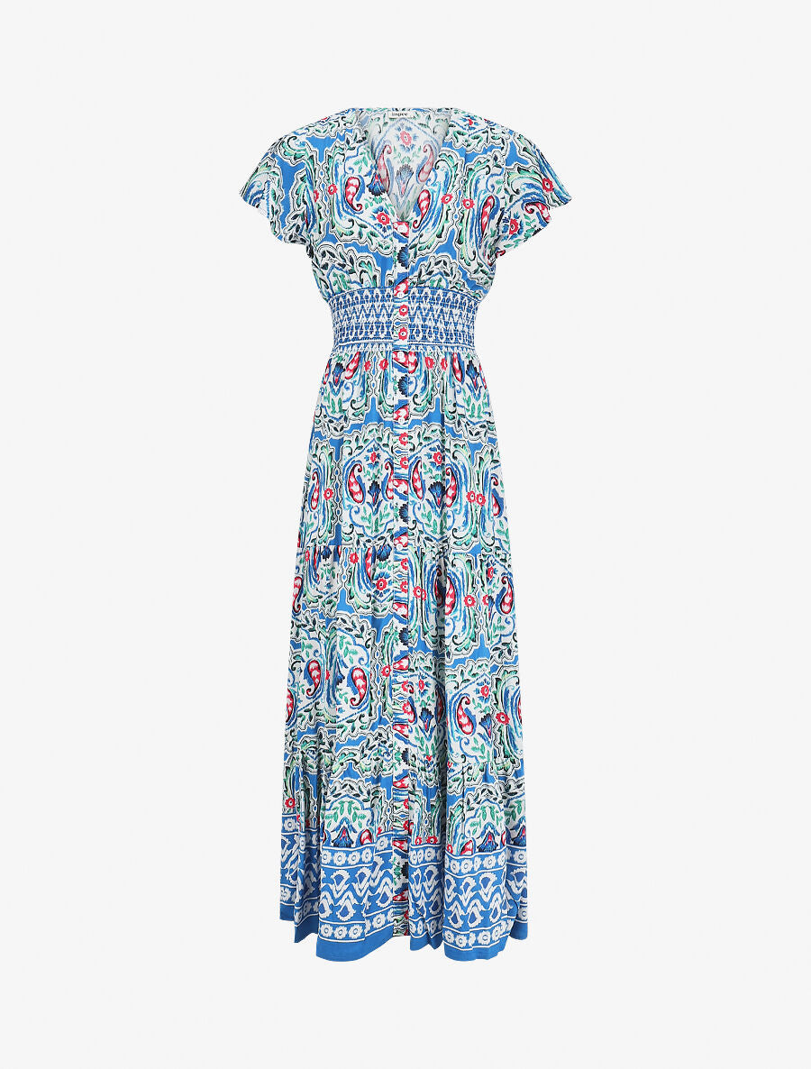 Robe longue à manches courtes imprimé fleurs graphiques - Bleu - 1