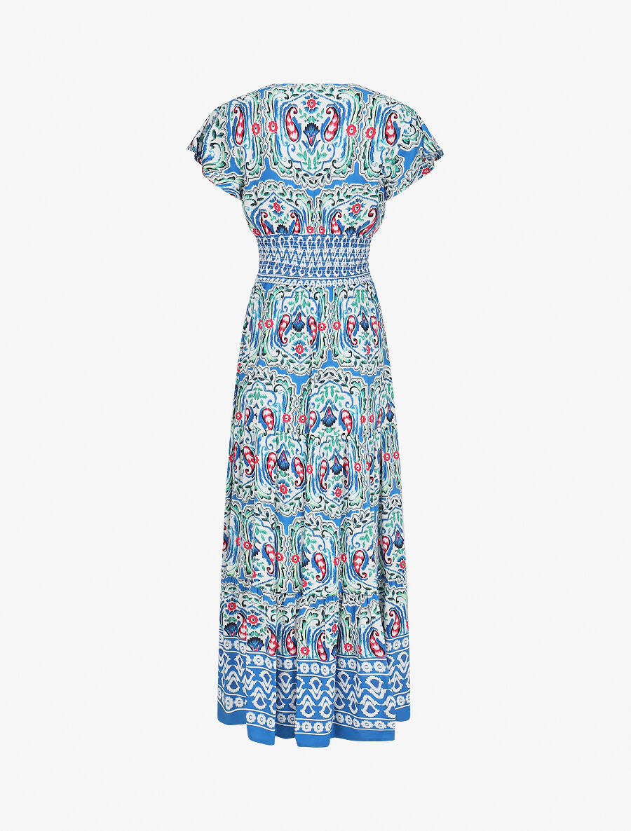 Robe longue à manches courtes imprimé fleurs graphiques - Bleu - 2