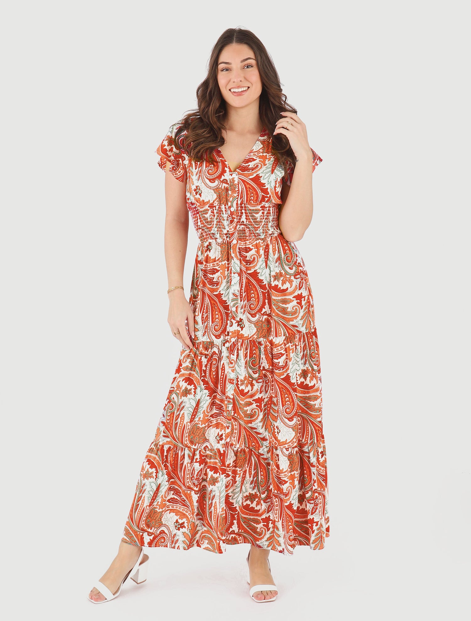 Robe longue à manches courtes imprimé cachemire - Orange - 4