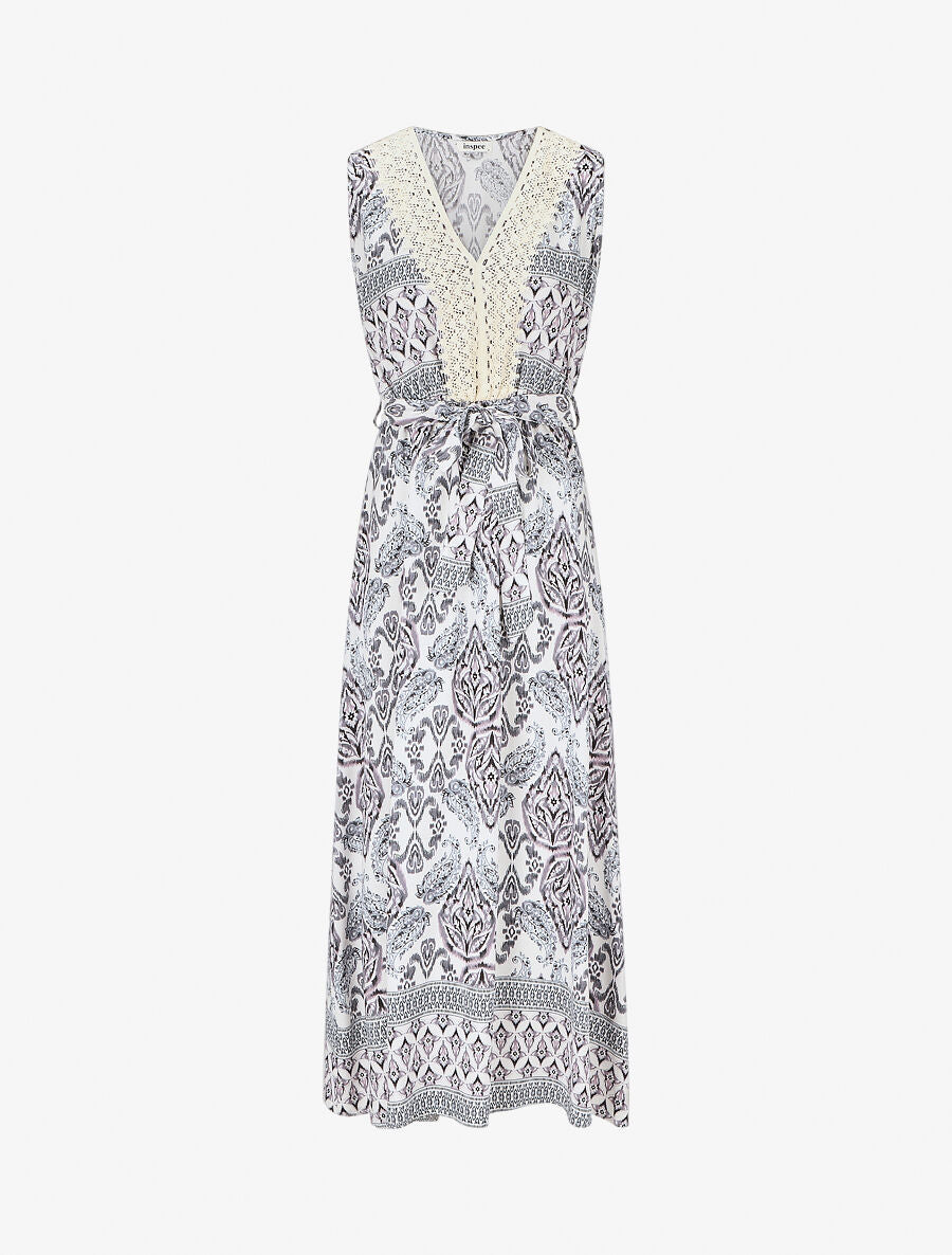 Robe longue à col à détail brodé - Noir - 1