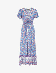 Robe fleurie à cordons de serrage - Bleu - 1