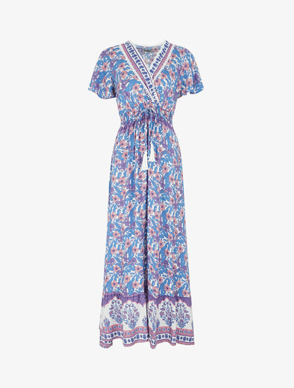 Robe fleurie à cordons de serrage - Bleu - 1