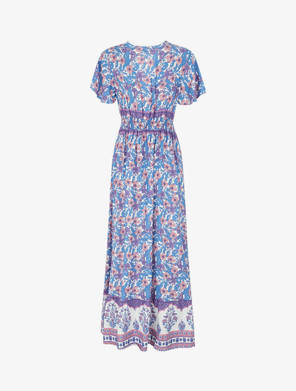 Robe fleurie à cordons de serrage - Bleu - 2