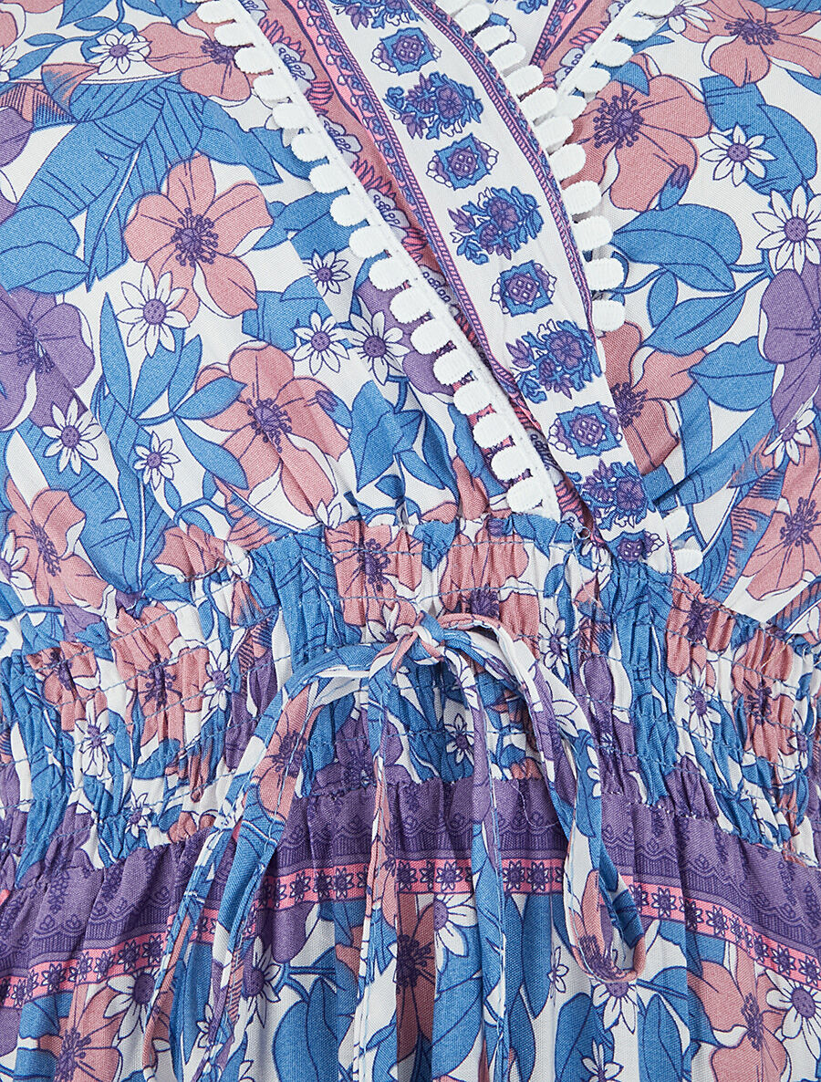 Robe fleurie à cordons de serrage - Bleu - 3