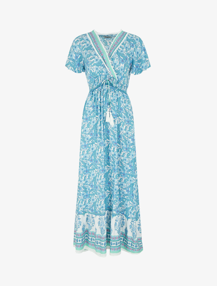 Robe fleurie à cordons de serrage - Bleu ciel - 1