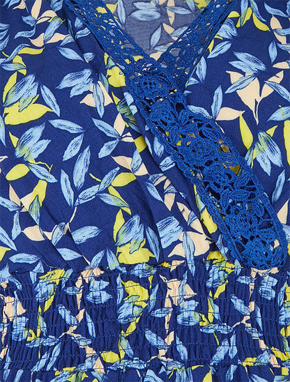Robe imprimé petites feuilles à col cache-coeur - Marine - 3