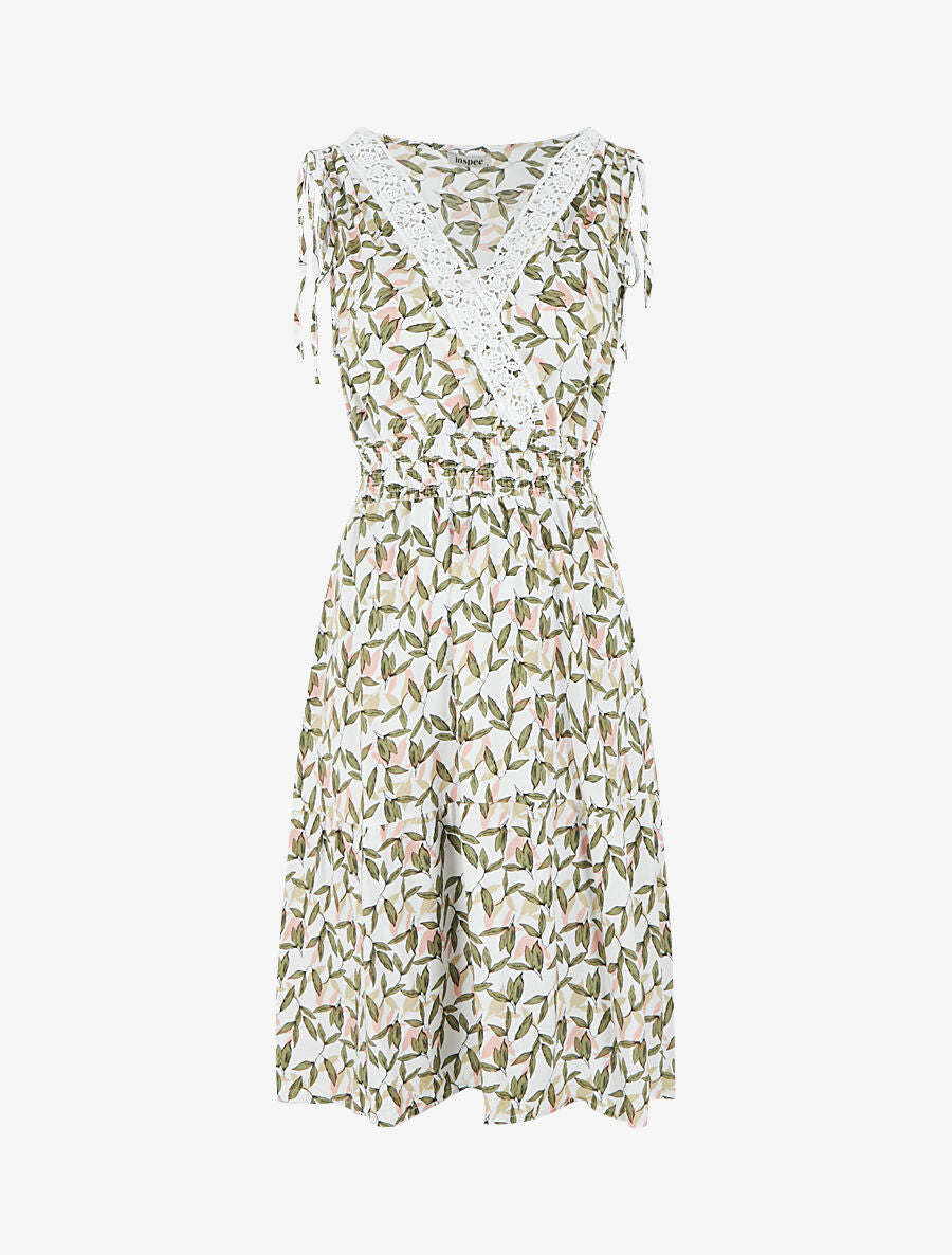Robe imprimé petites feuilles à col cache-coeur - Blanc - 4