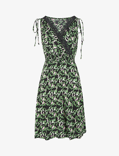 Robe imprimé petites feuilles à col cache-coeur - Noir - 1