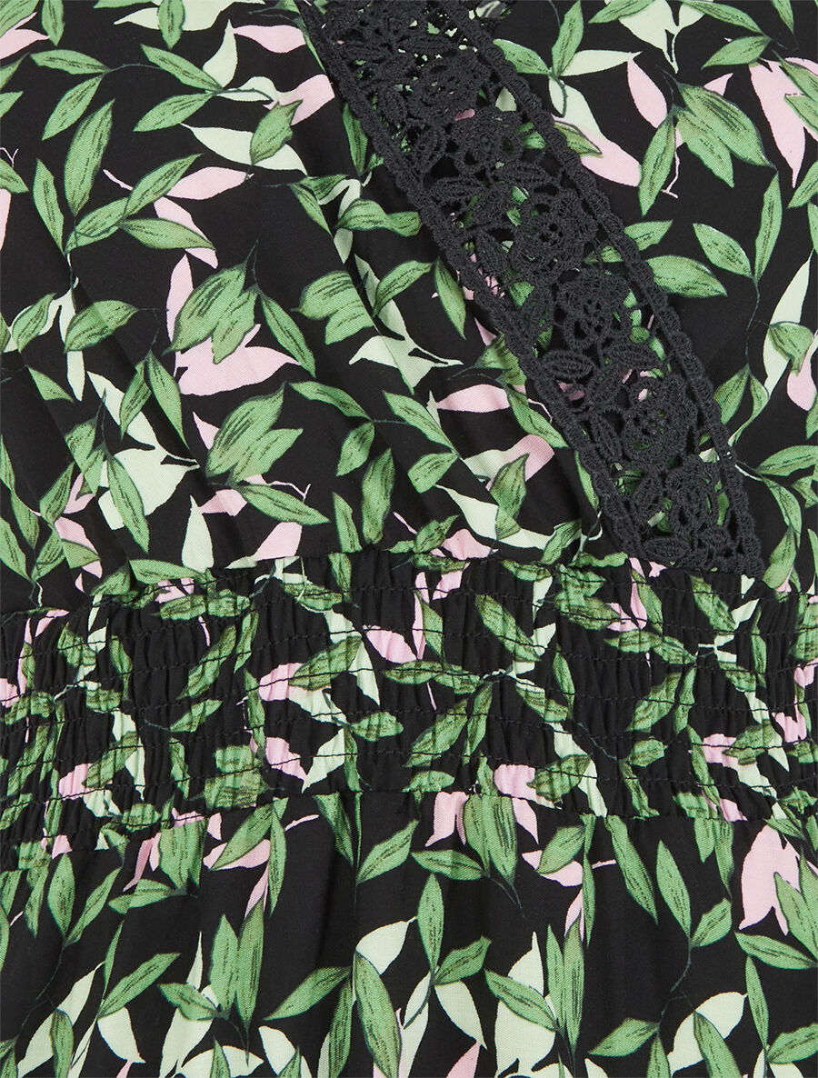 Robe imprimé petites feuilles à col cache-coeur - Noir - 3