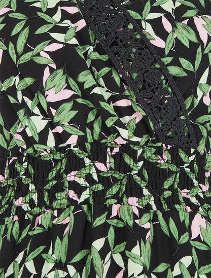 Robe imprimé petites feuilles à col cache-coeur - Noir - 3