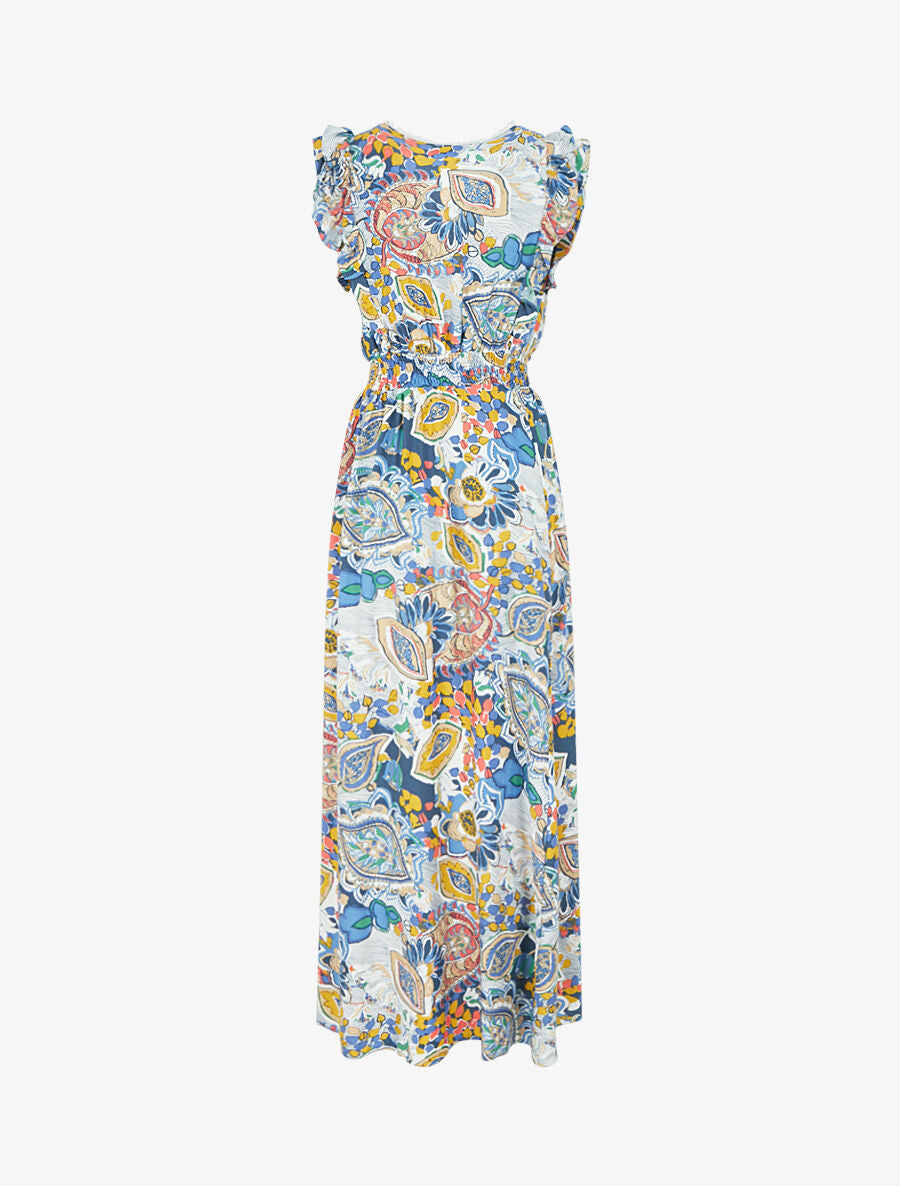 Robe longue élastiquée à mancherons - Bleu - 2