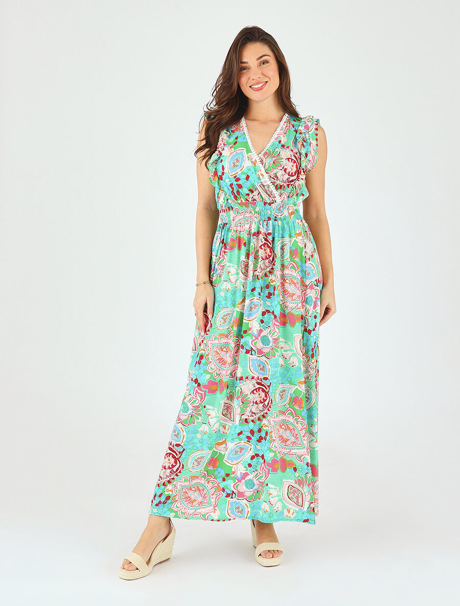 Robe longue élastiquée à mancherons - Vert - 4