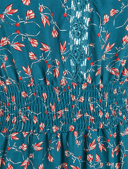Robe longue élastiquée imprimé fleuri - Bleu canard - 4